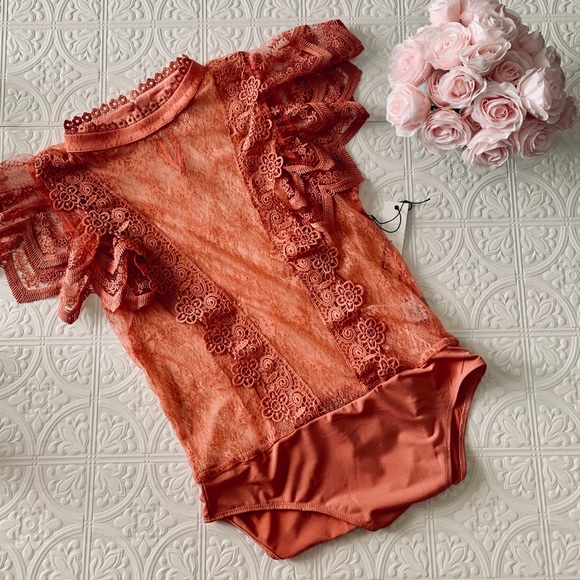Dusty Rose Body Suit Lace Blouse - Picture 1 of 6